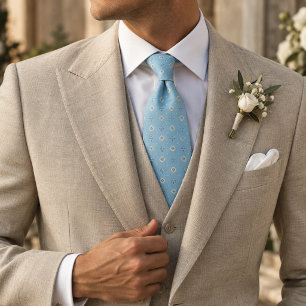Sky Blue Silver Fleur Medallion Foulard Print Tie