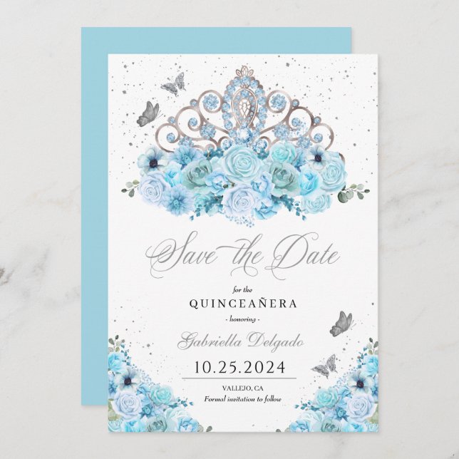 Sky Blue & Silver Tiara Save The Date Quinceañera Invitation (Front/Back)
