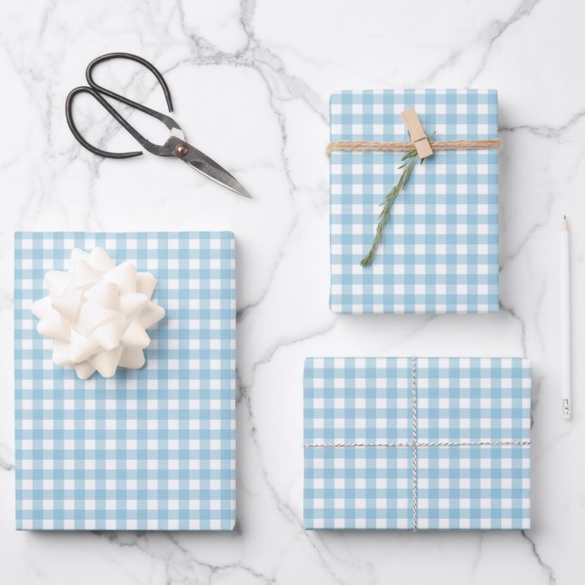 Sky Blue Simple Plaid Wrapping Paper Sheet (Front)