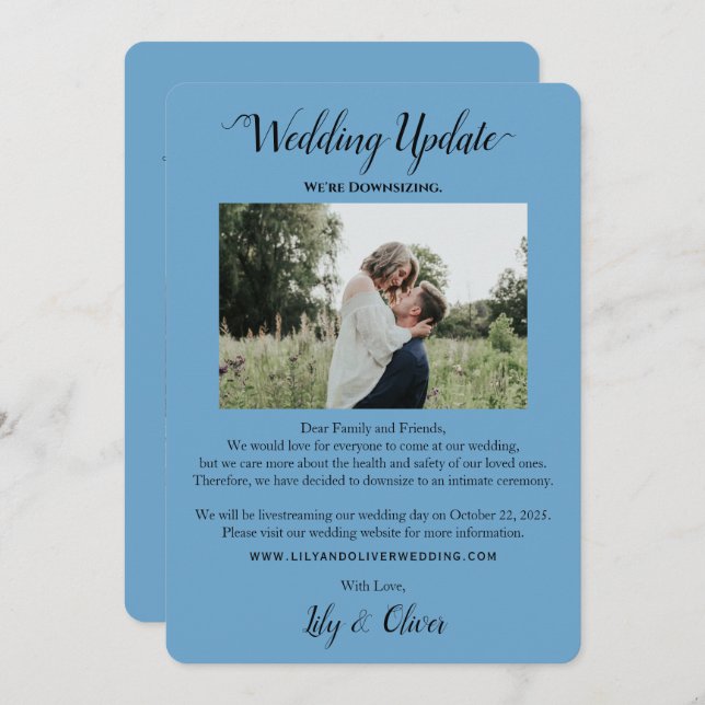 Sky Blue Simple Wedding Update 2 Photo Downsizing Announcement (Front/Back)