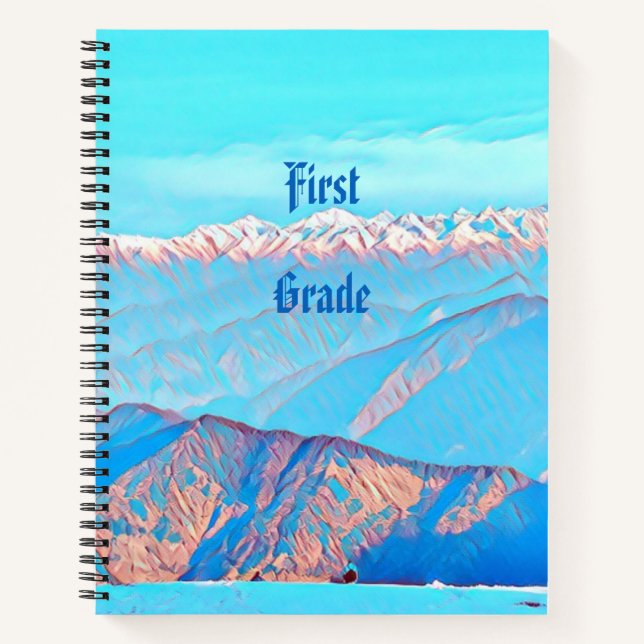 Sky Blue Snow Clad Mountain Range First Grade Notebook (Front)