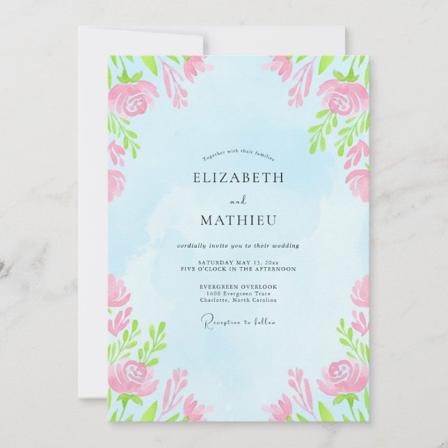 Sky Blue Soft Floral Wedding Invitation (Front)