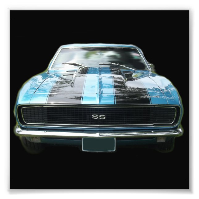 Sky blue SS Camaro with black stripes Photo Print (Front)