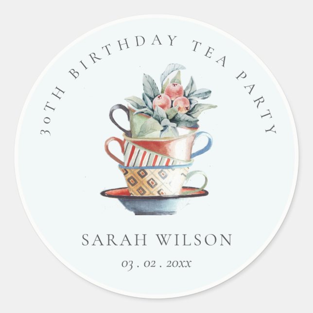 Sky Blue Stacked Cupsl Any Age Birthday Tea Party Classic Round Sticker (Front)