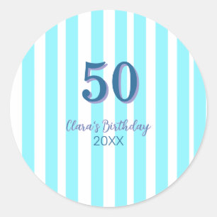 sky blue stripes 50th birthday name date simple classic round sticker