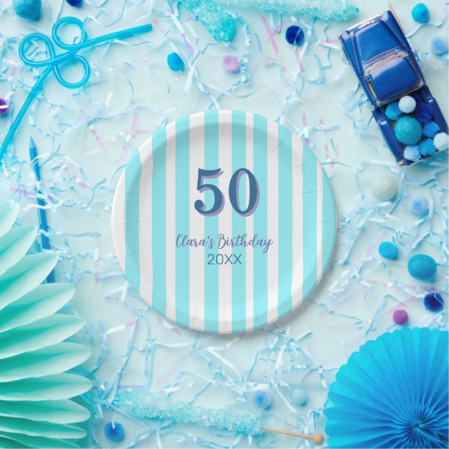 sky blue stripes 50th birthday name date simple paper plate (Party)