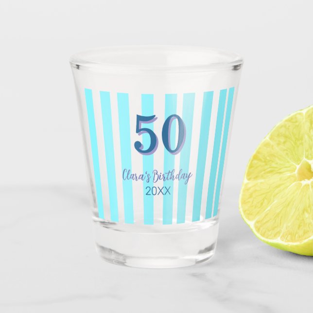 sky blue stripes 50th birthday name date simple shot glass (Front)