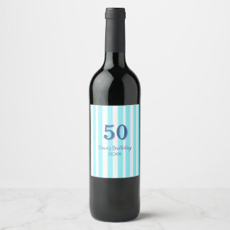 sky blue stripes 50th birthday name date simple wine label