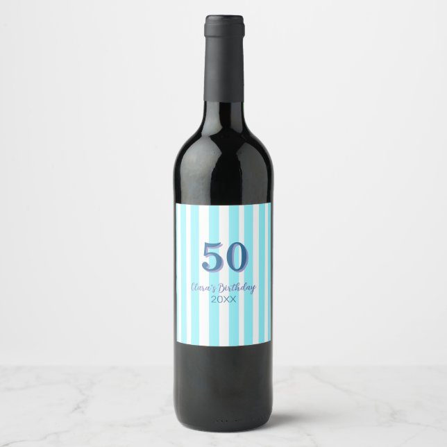 sky blue stripes 50th birthday name date simple wine label (Front)