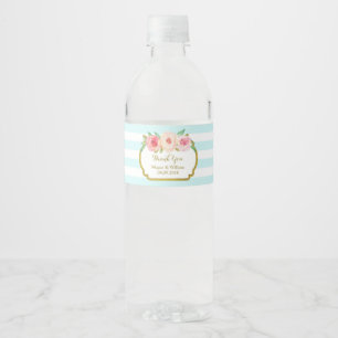 Sky Blue Stripes Floral Gold Water Bottle Label