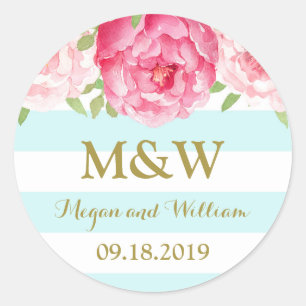 Sky Blue Stripes Floral Monogram Wedding Favour Ta Classic Round Sticker