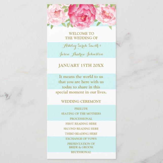 Sky Blue Stripes Pink Watercolor Wedding Program (Front)