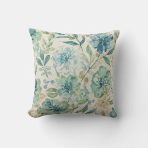 Sky Blue Teal Green Beige Cream Abstract Floral Cushion