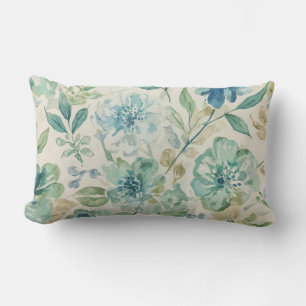 Sky Blue Teal Green Beige Cream Abstract Floral Lumbar Cushion