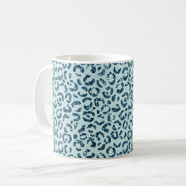 Sky Blue Teal Leopard Print Glitter Coffee Mug (Front Left)