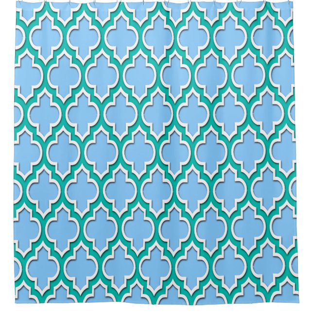 Sky Blue Teal White XL Moroccan #4DS Shower Curtain (Front)