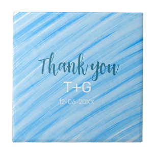 Sky blue thank you add couple name date year text ceramic tile