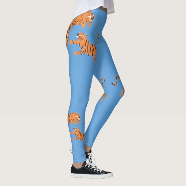 Sky Blue Tiger Animal Print Pattern Design Leggings (Right)