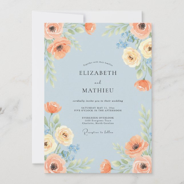 Sky Blue Vibrant Botanical Wedding Invitation (Front)