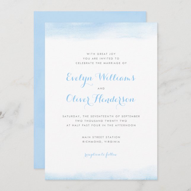 Sky Blue Watercolor Dip Wedding Invitation (Front/Back)