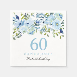 Sky Blue Watercolor Flowers 60th Birthday Party Napkin