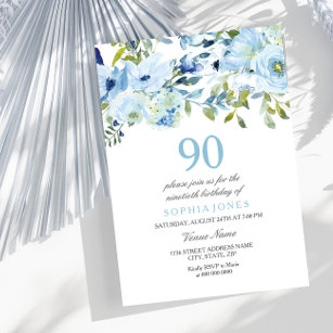 Sky Blue Watercolor Flowers 90th Birthday Party Invitation