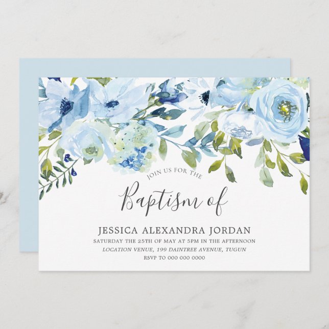 Sky Blue Watercolor Flowers Baptism Christening Invitation (Front/Back)