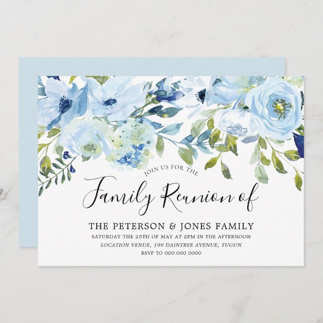 Sky Blue Watercolor Flowers Family Reunion Invitation (Front/Back)