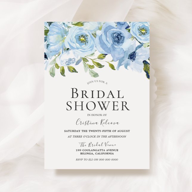 Sky Blue Watercolor Flowers Modern Bridal Shower Invitation (Creator Uploaded)