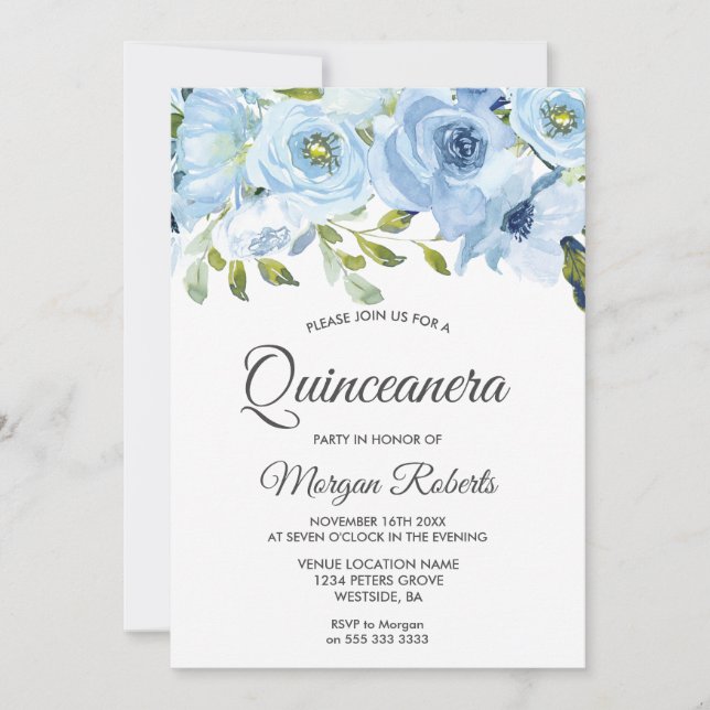 Sky Blue Watercolor Flowers Modern Quinceanera Invitation (Front)