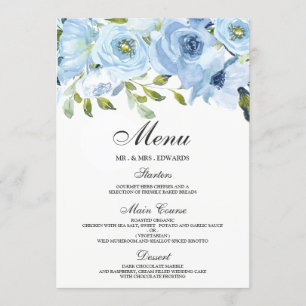 Sky Blue Watercolor Flowers Modern Wedding Menu