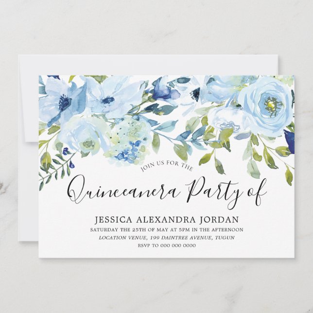 Sky Blue Watercolor Flowers Quinceanera Party Invitation (Front)