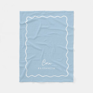 Sky Blue Wavy Border Monogrammed Fleece Blanket
