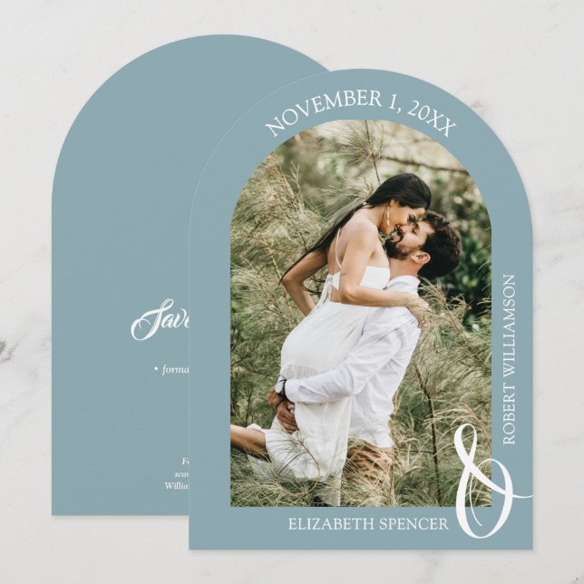 Sky Blue Wedding Photo QR Code Save the Date (Front/Back)