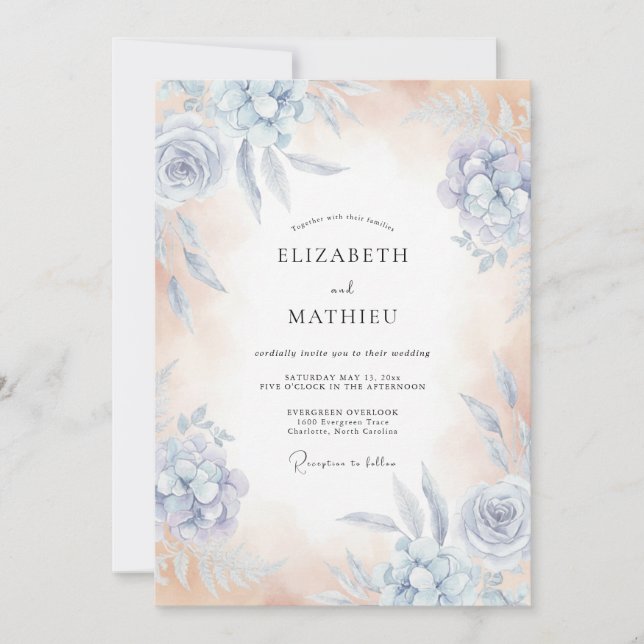 Sky Blue Whispering Floral Wedding Invitation (Front)