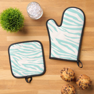 Sky Blue White Chic Zebra Print Oven Mitt & Pot Holder Set