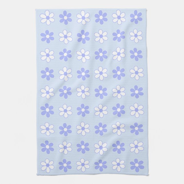 Sky Blue & White Flowers on Light Blue Tea Towel (Vertical)