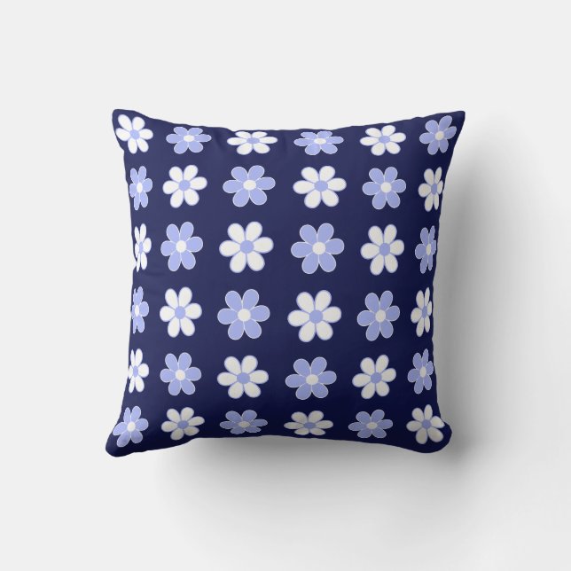 Sky Blue & White Flowers on Navy Blue Throw Pillow (Back)