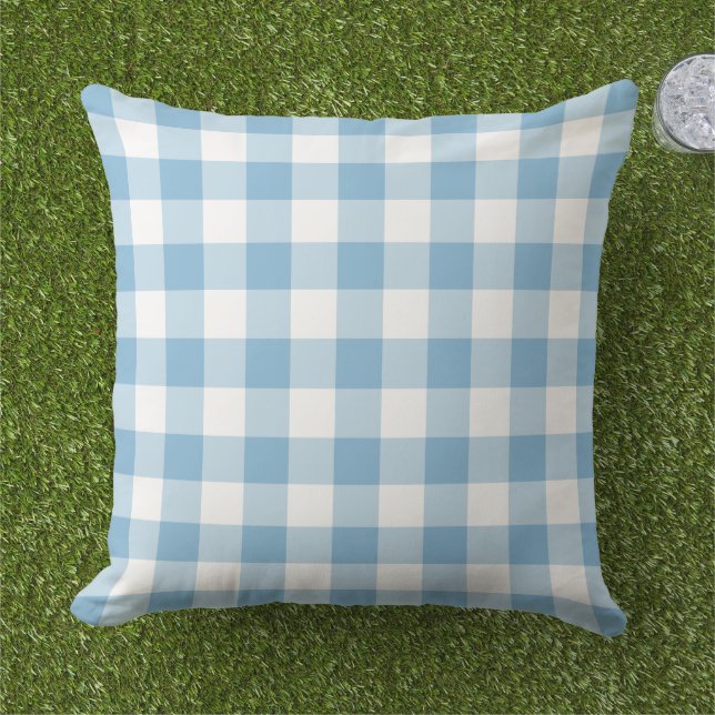 Sky Blue White Gingham Plaid Check Cushion (Grass)