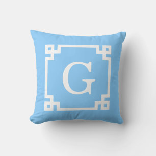Sky Blue White Greek Key Frame #2 Initial Monogram Cushion