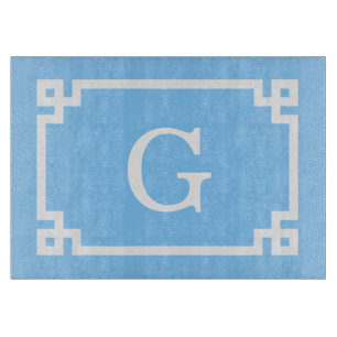 Sky Blue White Greek Key Frame #2 Initial Monogram Cutting Board