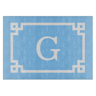 Sky Blue White Greek Key Frame #2 Initial Monogram Cutting Board