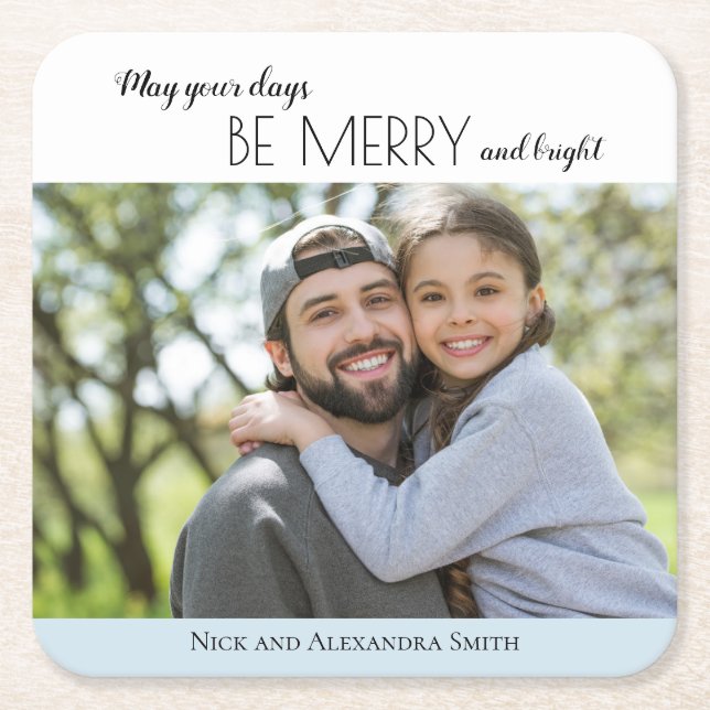 Sky Blue White Merry Bright Christmas Holiday Square Paper Coaster (Front)