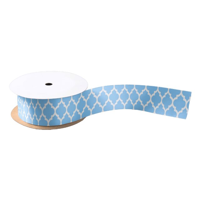 Sky Blue White Moroccan Quatrefoil Pattern #4 Satin Ribbon (Spool)