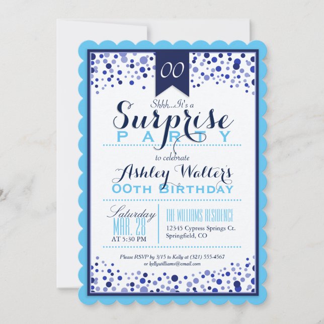 Sky Blue, White, Navy Blue Surprise Party Invitation (Front)