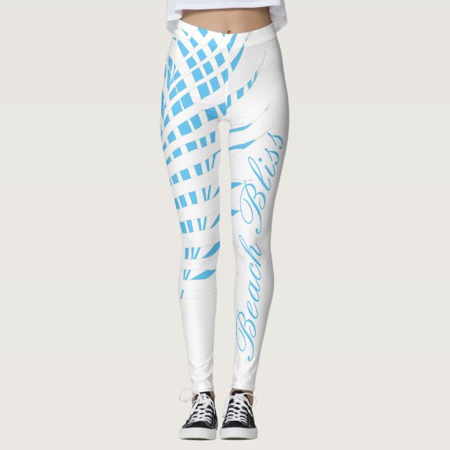 Sky Blue White Palm Tree Leaf Beach Bliss Cool Leggings (Front)