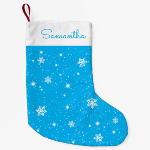 Sky Blue White Snowflakes Stars Pattern with Name Small Christmas Stocking