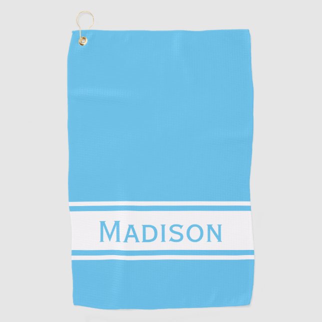 Sky Blue White Stripe Modern Name Monogram Golf Towel (Front)