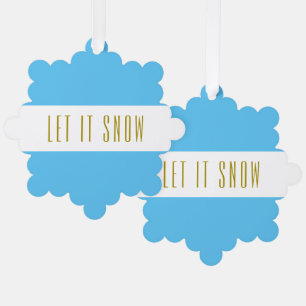 Sky Blue White Stripes Golden Brown LET IT SNOW Tree Decoration Card