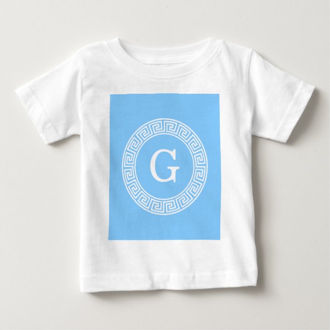 Sky Blue Wht Greek Key Rnd Frame Initial Monogram Baby T-Shirt (Front)